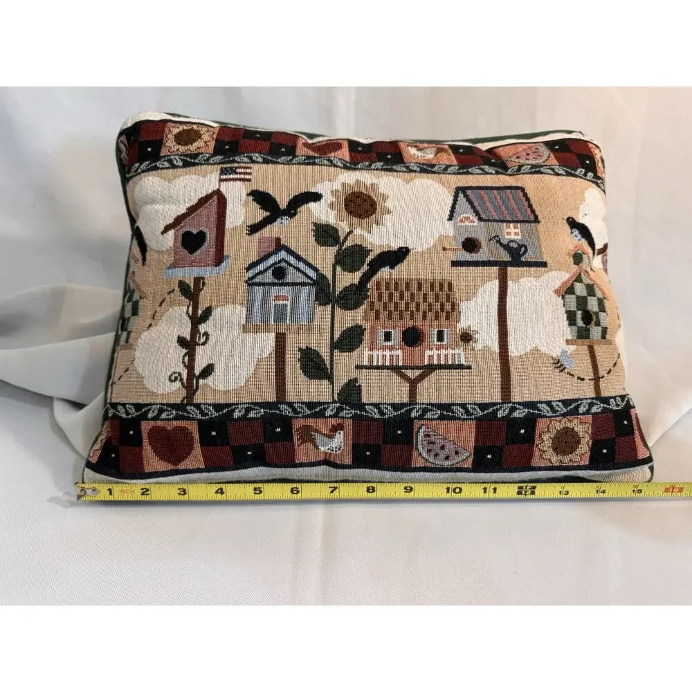 Tapestry Decorative Pillow Bird Houses Country Cottage Farmhouse Green